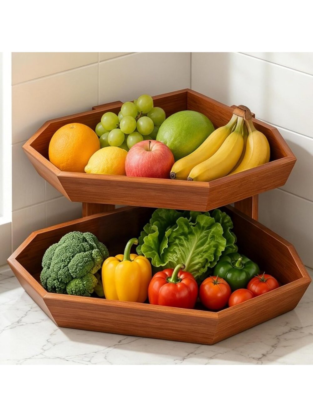 2-Tier Wooden Fruit Basket for Kitchen Counter - Stylish Corner Fruit Bowl